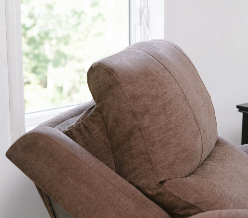 Pride VivaLift! Metro 2 Saville Brown fabric and padded split backrest, close-up